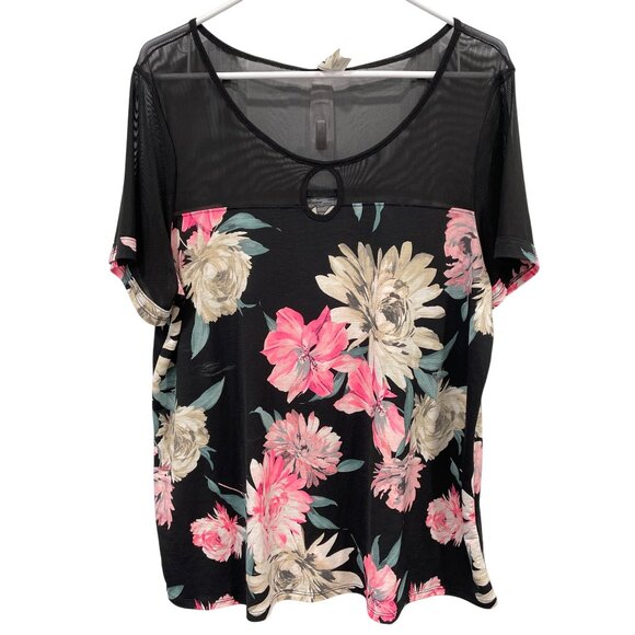 Sew In Love Mesh Yoke Floral Blouse Womens XL Short Sleeve Black Boho Whimsigoth - Picture 1 of 7
